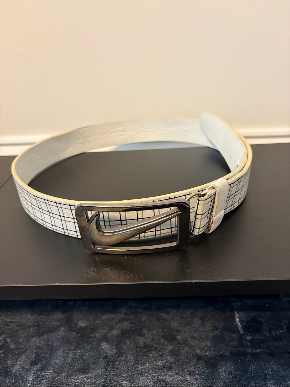 Nike White Grid Leather Belt with Gunmetal Swoosh Buckle